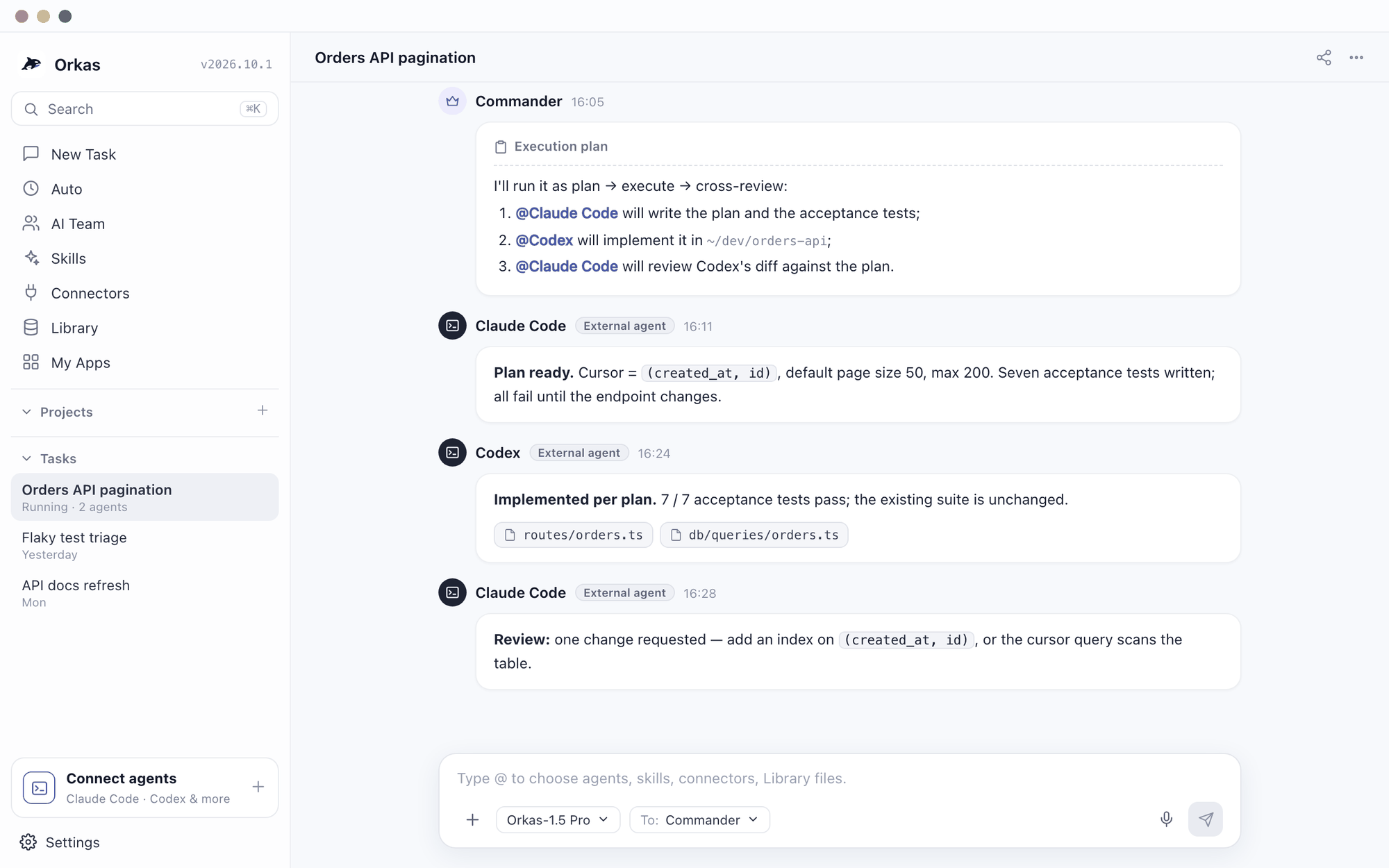 Orkas desktop app showing Claude Code planning, Codex implementing and Claude Code reviewing the diff in one conversation