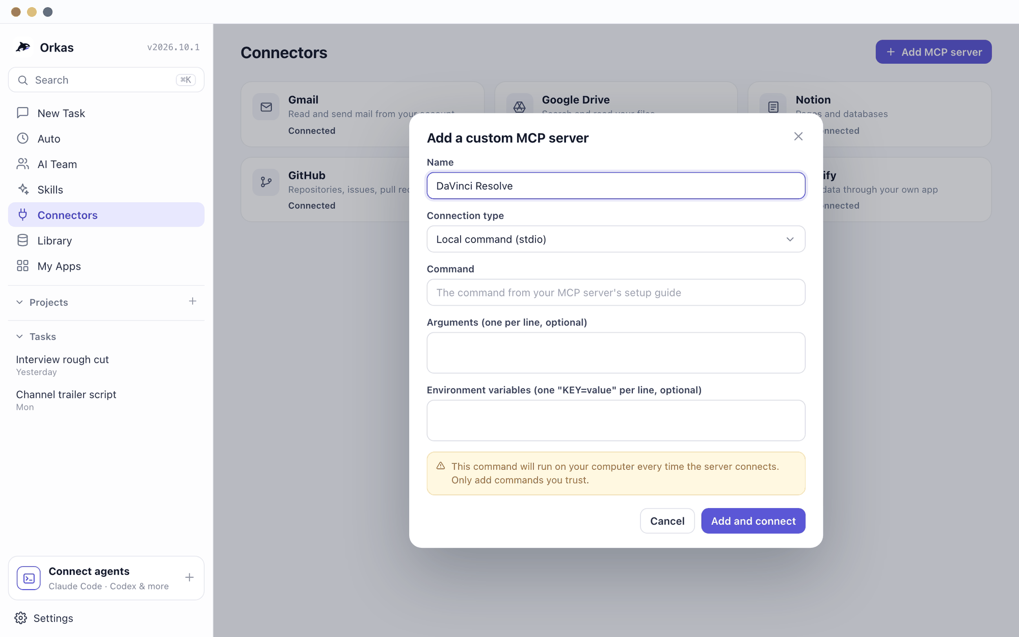 Orkas Connectors page with the Add a custom MCP server dialog, named DaVinci Resolve, set to a local stdio command