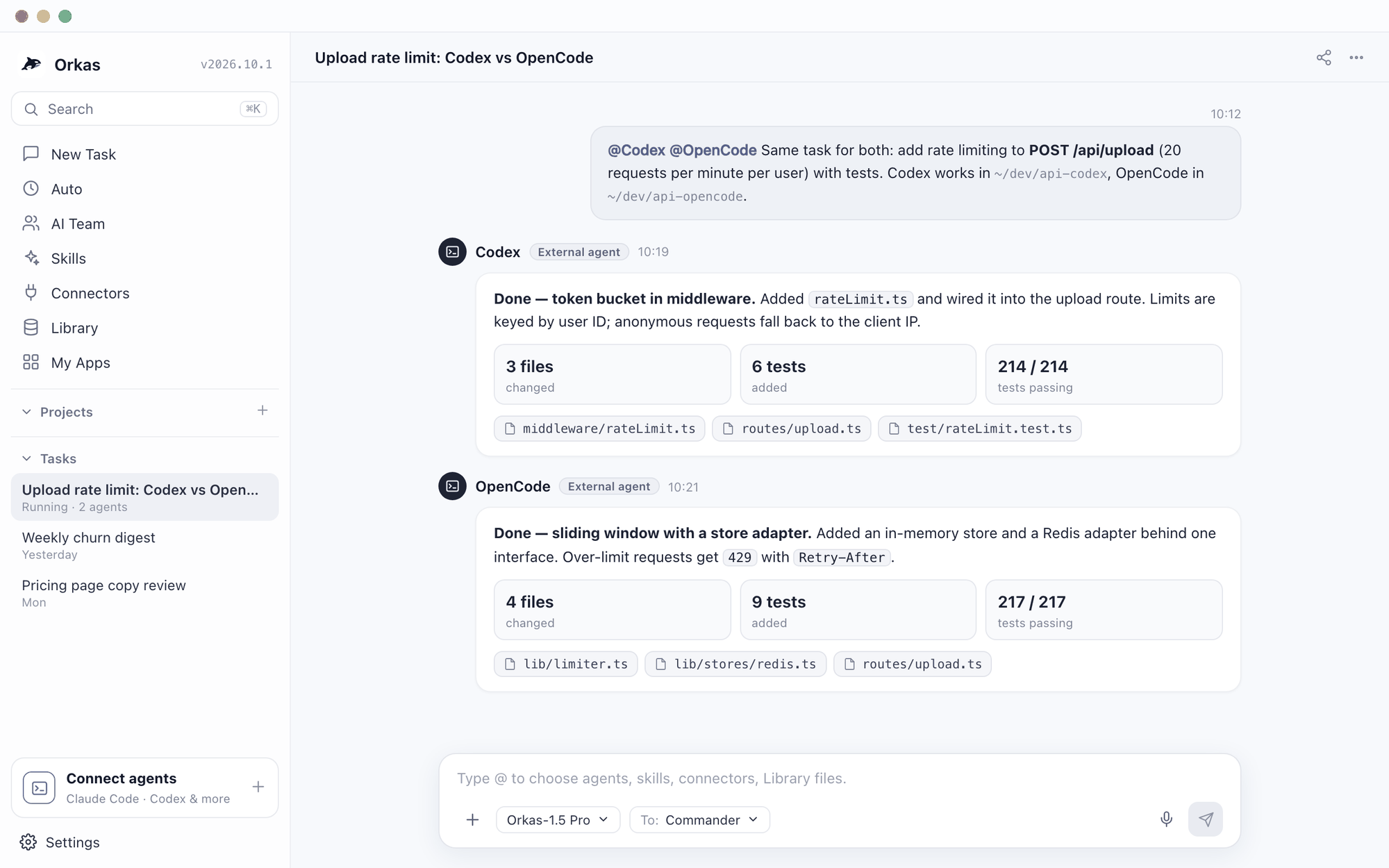 Orkas desktop app showing Codex and OpenCode each replying to the same rate-limiting task in one conversation