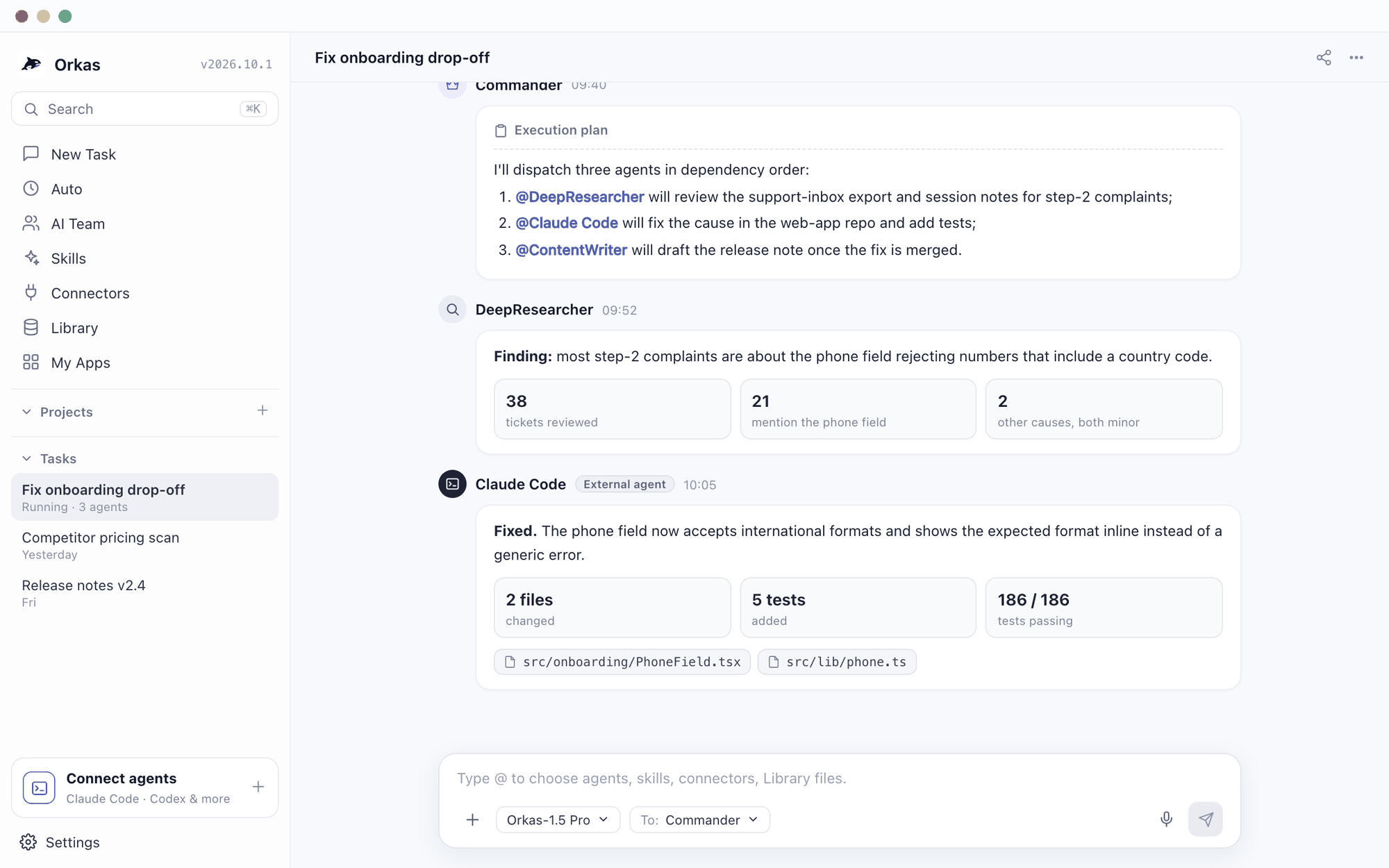 Orkas desktop app where Commander splits an onboarding fix between DeepResearcher, Claude Code and ContentWriter