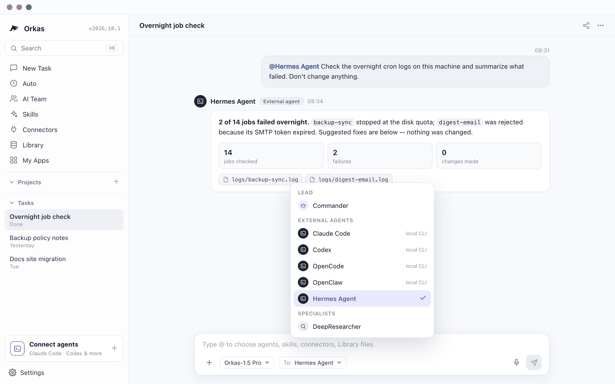 Orkas desktop app with the recipient menu listing Claude Code, Codex, OpenCode, OpenClaw and Hermes Agent as local CLI agents