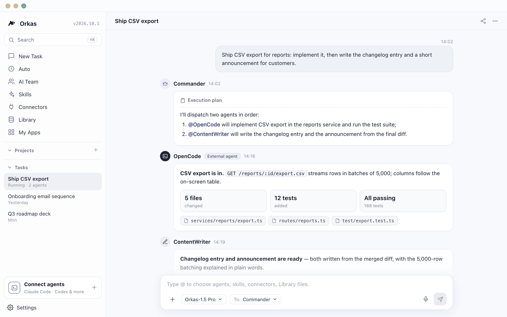 Orkas desktop app where Commander assigns the implementation to OpenCode and the changelog to ContentWriter