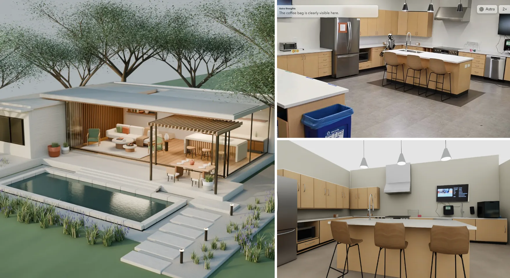 Left: a house GPT-6 Astra modeled in Blender by writing code. Right: a Unitree G1 humanoid tidying a kitchen while GPT-6 Astra decides what to do next, and the kitchen's digital twin Astra built in a simulator