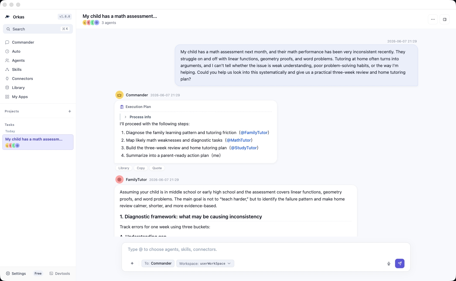 Orkas product interface showing a multi-agent conversation and execution plan